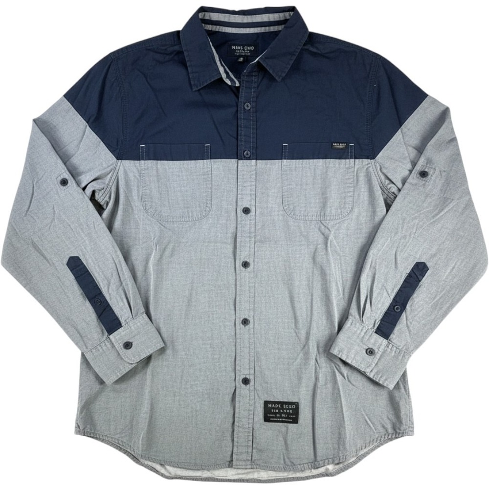 Marc Ecko Cut & Sew Shirt Colorblock Button Down Navy Grey Large Cotton Mens